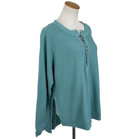 NWT Free People Aqua Henley Distressed Relaxed Thermal |  Coastal Boho Grunge M - Picture 6 of 16